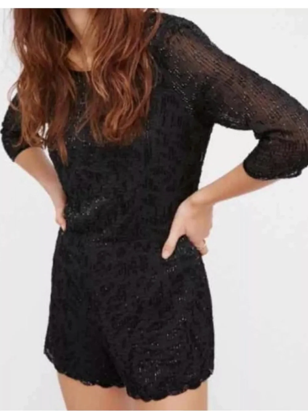Free People Black beaded Open-Back Romper. Broken zipper - Picture 2 of 7